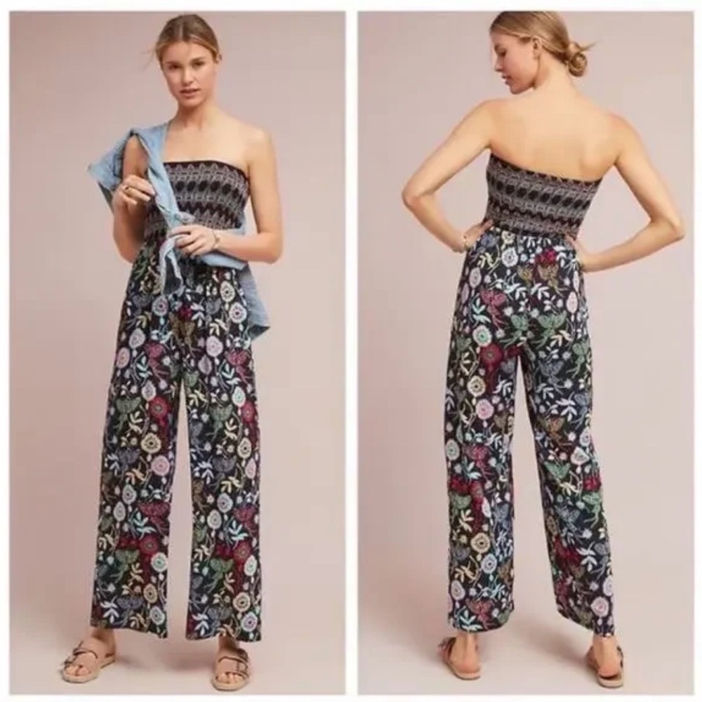 ONE SEPTEMBER Anthropologie Black Floral Jumpsuit Wide Leg Maxi Strapless
